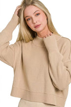 Women’s light mocha oversized cropped sweater with mock neck and ribbed hem