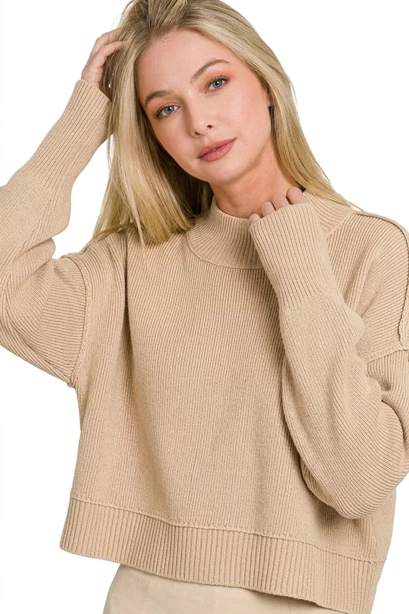 Women’s light mocha oversized cropped sweater with mock neck and ribbed hem