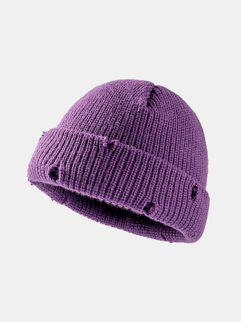 Distressed Cuffed Knit Hat – Edgy Cozy Winter Beanie
