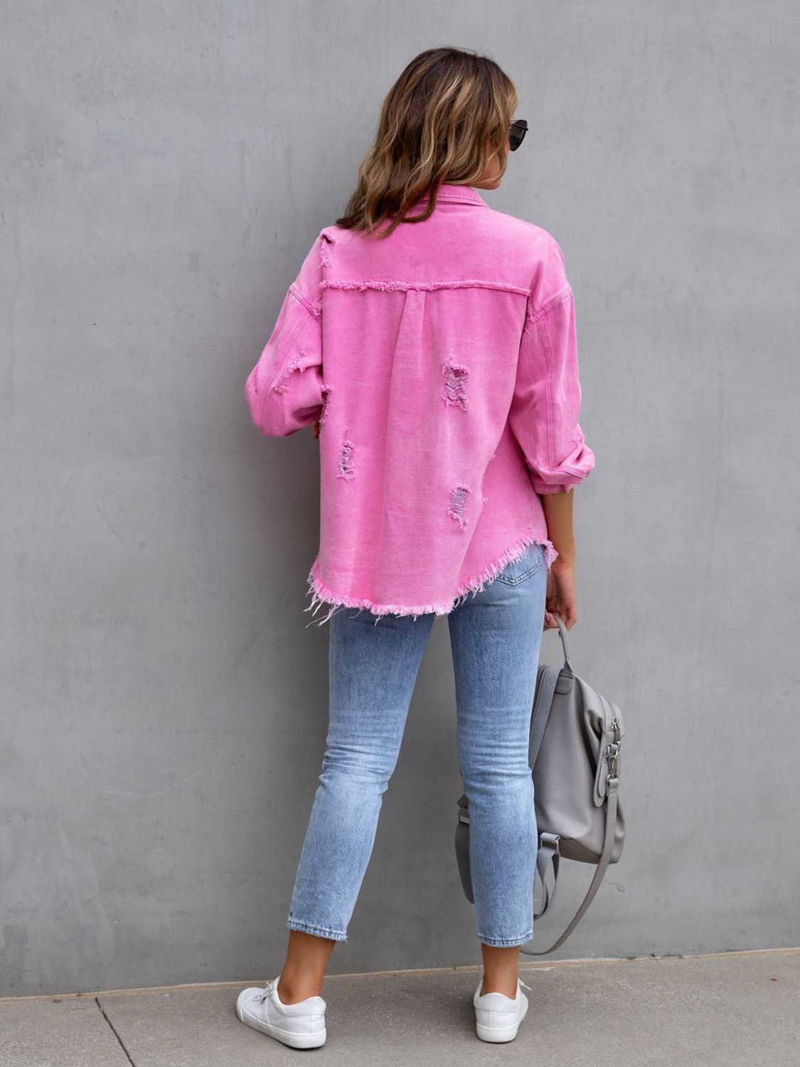 Distressed Drop Shoulder Denim Jacket – Casual Oversized Style