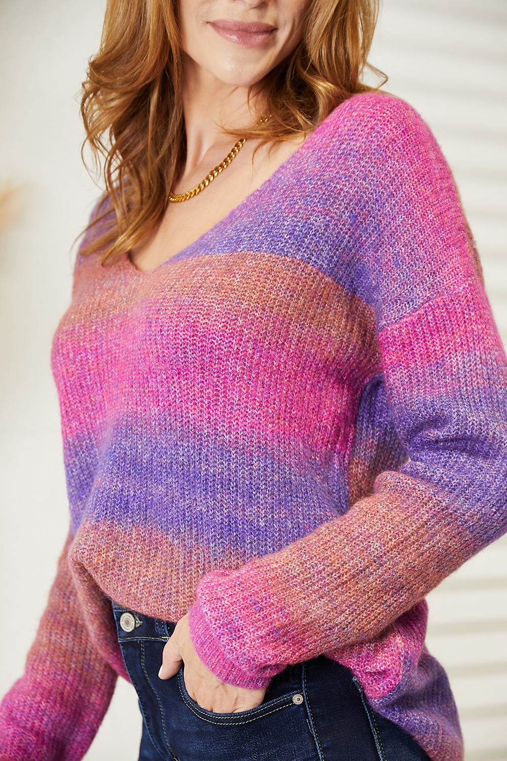 Multicolored V-Neck Pullover Sweater – Cozy, Textured & Stylish