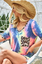 Women's multicolor tie-dye V-neck tee with leopard-print front pocket and short sleeves