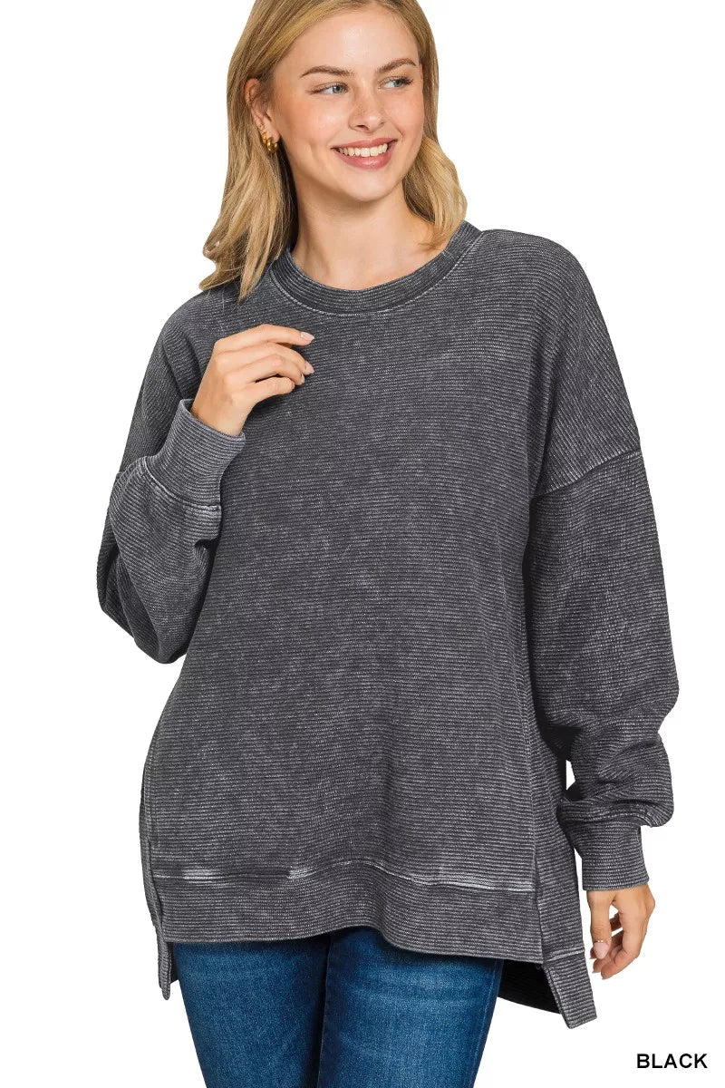 Acid Washed Hi-Low Pullover with Double Ribbed Women’s Casual Top