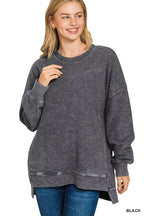 Acid Washed Hi-Low Pullover with Double Ribbed Women’s Casual Top