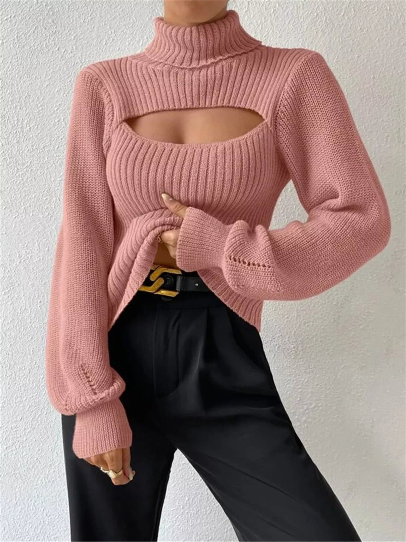 Cutout Front Turtleneck Long Sleeve Sweater – Chic Modern Knit