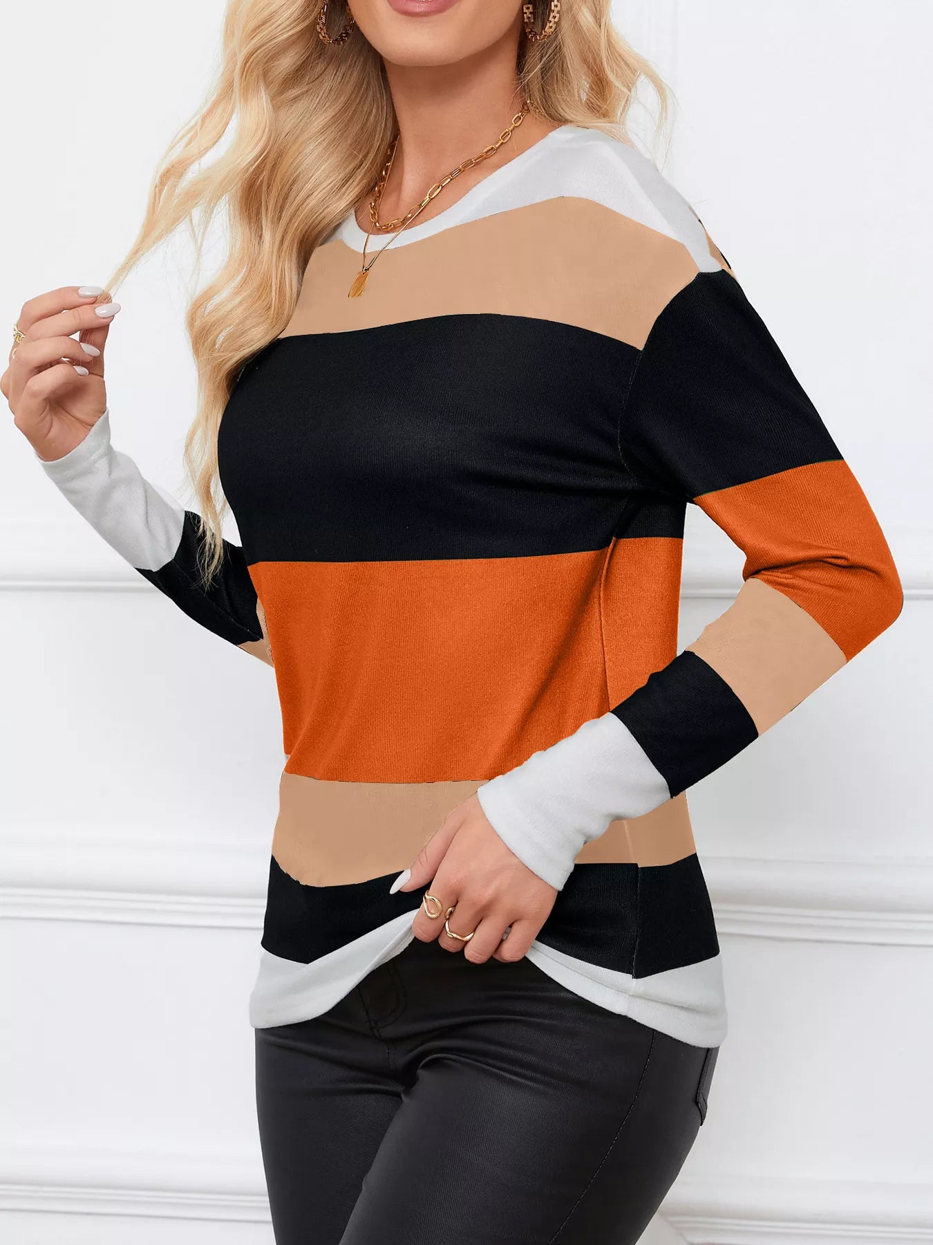 Leopard Color Block Striped Knit Top – Trendy Casual Style