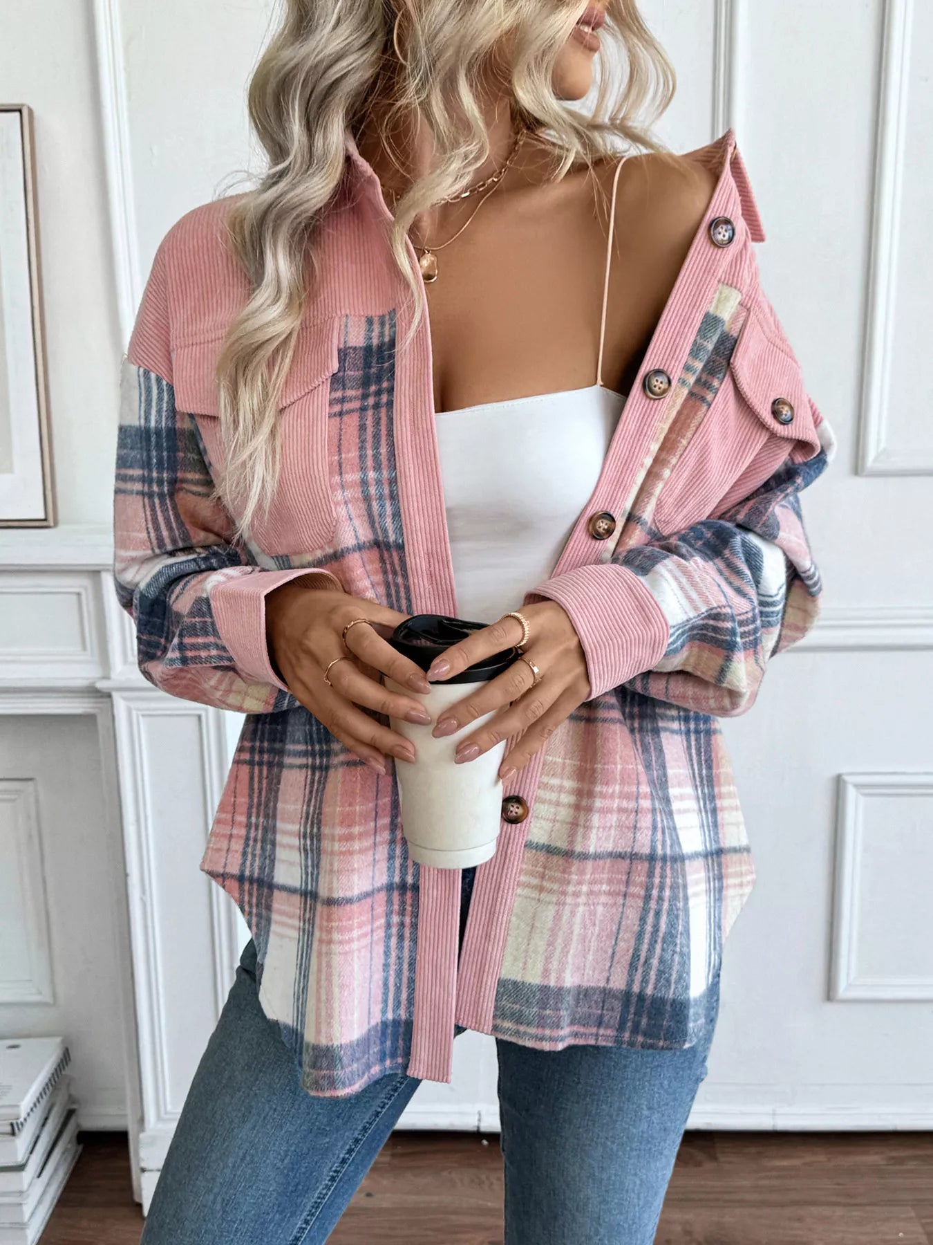 Plaid Button-Up Shacket with Chest Pockets – Cozy Casual Layer