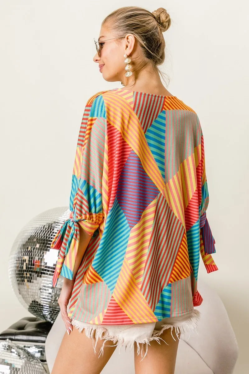 Geometric Print V-Neck Blouse – Colorful, Lightweight & Feminine