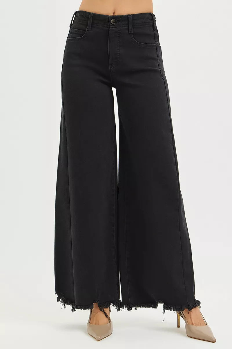 Black high-rise palazzo jeans with frayed hem and wide-leg fit