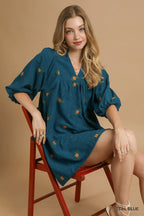 Teal Embroidered Peasant Dress – V-Neck Mini with Puff Sleeves