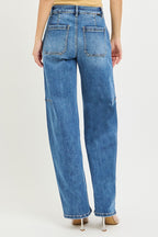 Medium-wash baggy jeans back view with two patch pockets and belt loops