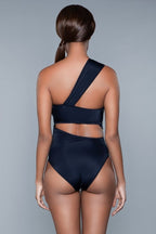 One-piece swimsuit with open back and one-shoulder strap, dark navy