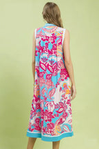 Floral sleeveless midi dress back, blue with pink and teal floral paisley print