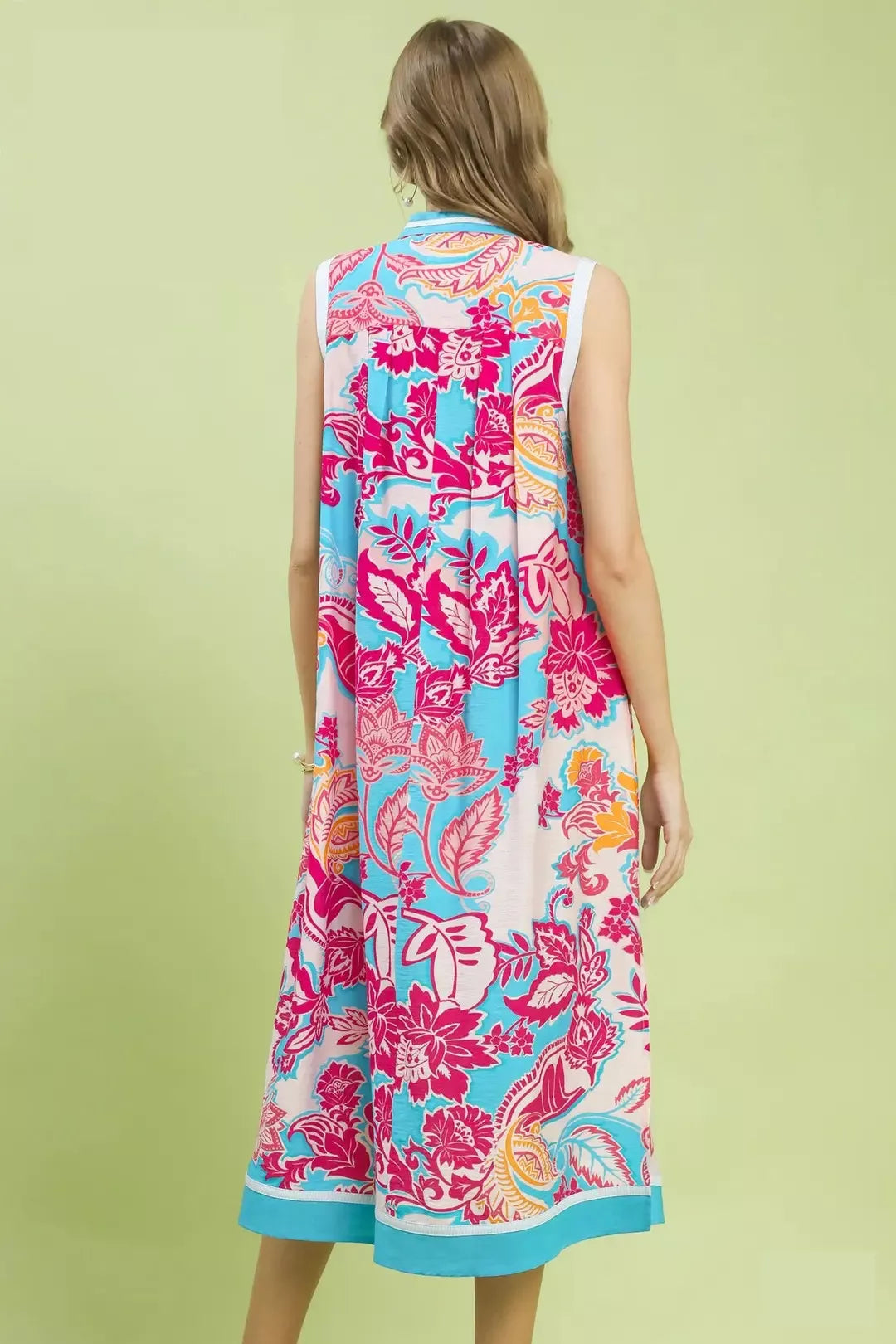 Floral sleeveless midi dress back, blue with pink and teal floral paisley print