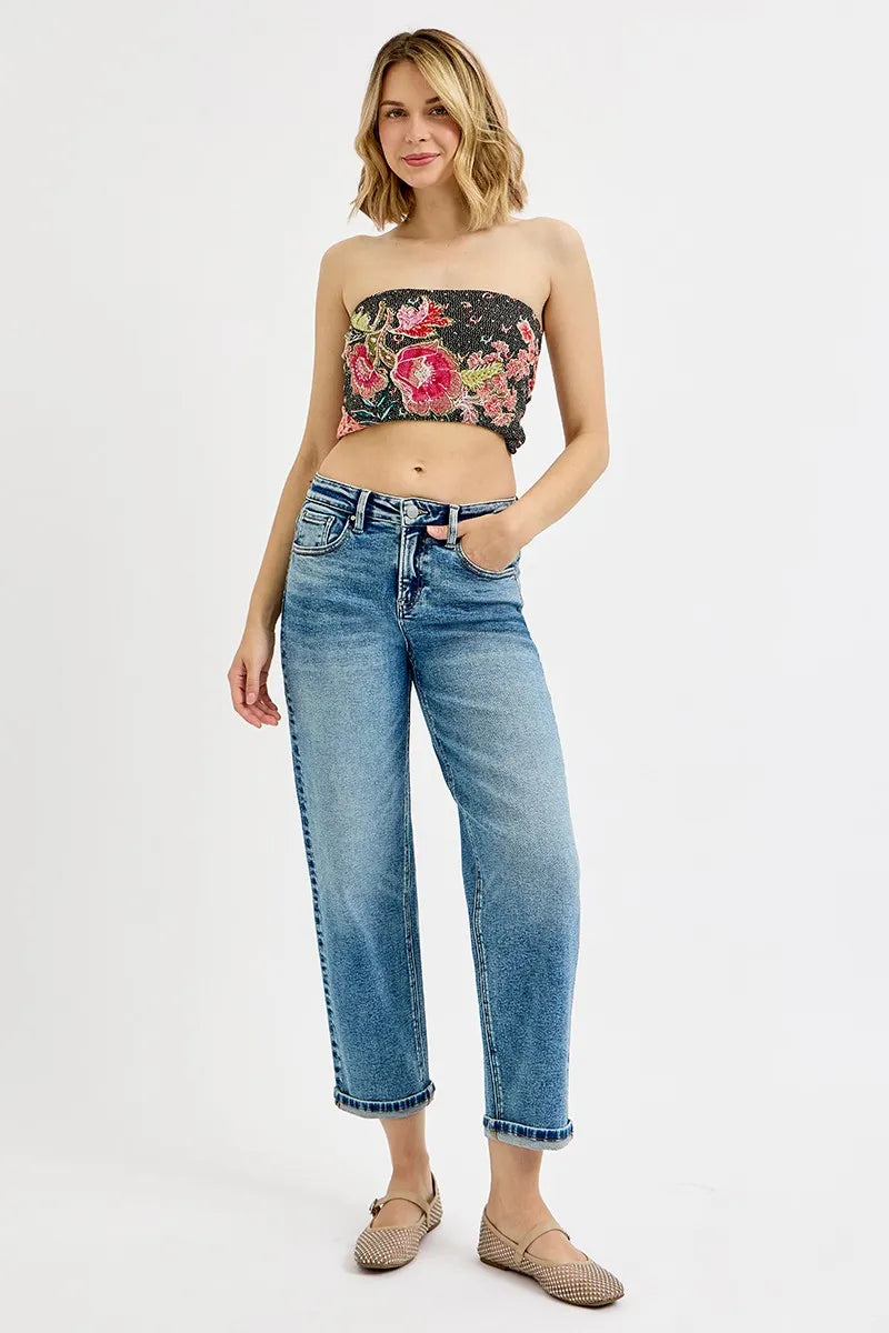 Medium-wash high-rise crop boyfriend jeans with cuffed hem and five-pocket styling