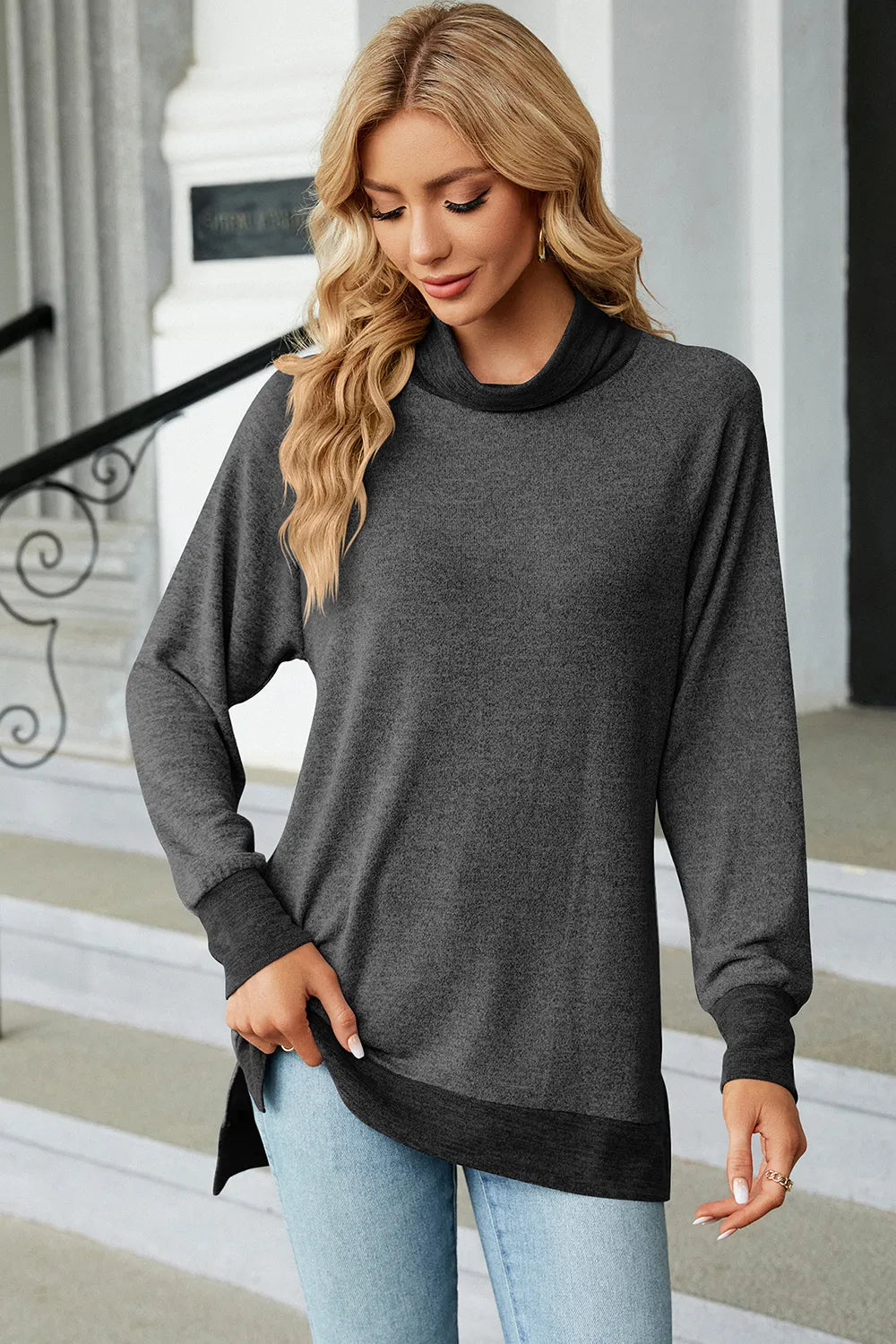 Dark gray mock neck long sleeve tee with slit hem and contrast hem band