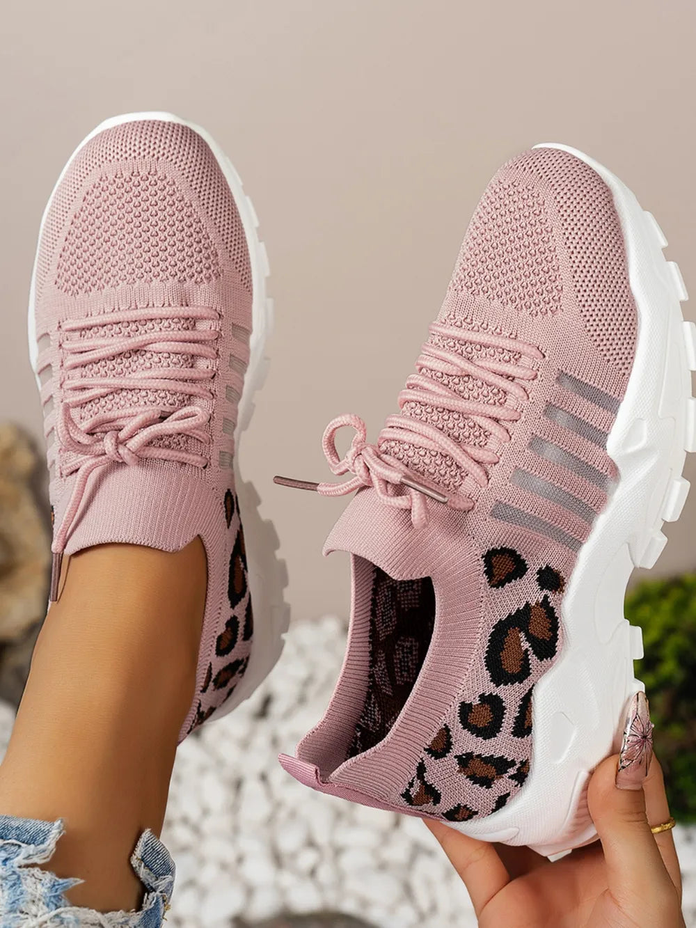 Cutout Leopard Lace-Up Mesh Athletic Sneakers – Sporty & Stylish