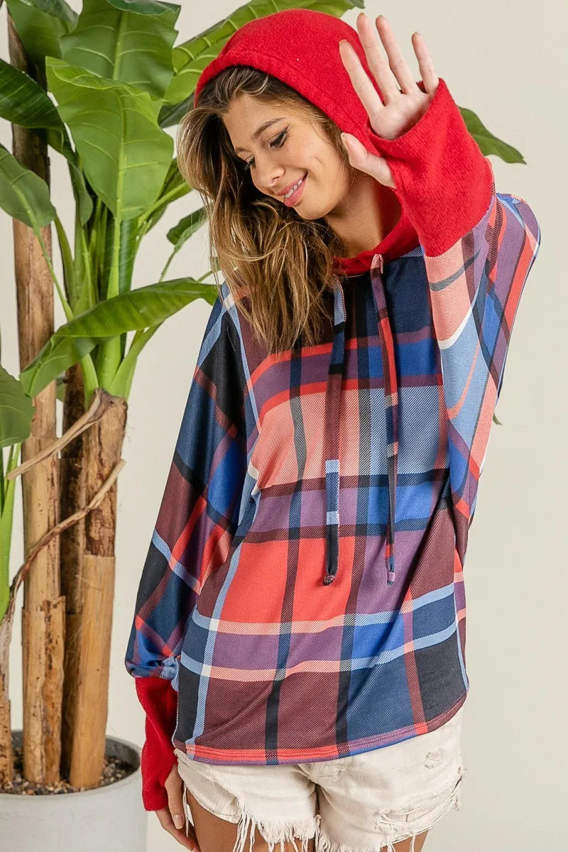 Plaid Brushed Rib Contrast Thumb Open Hoodie – Cozy Casual Layer