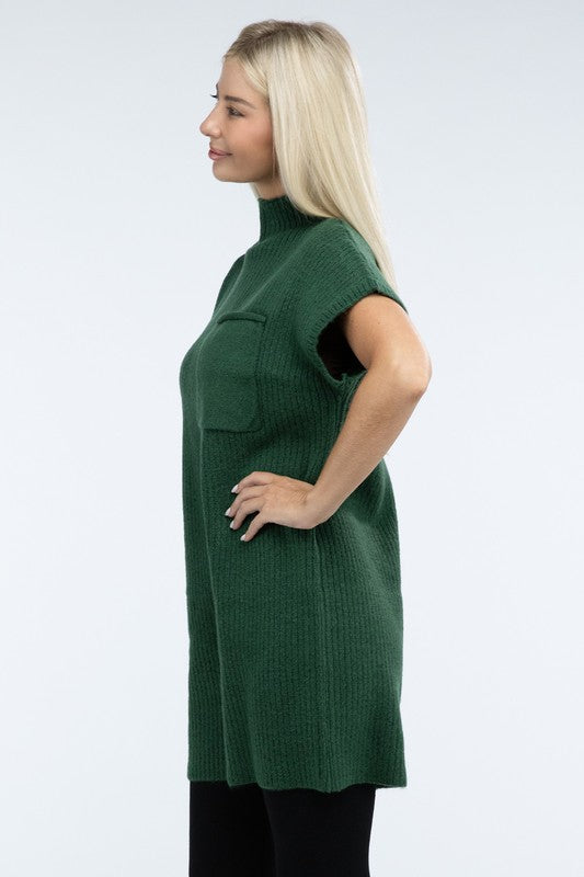Zenana Mock Neck Short Sleeve Sweater Dress with Pocket