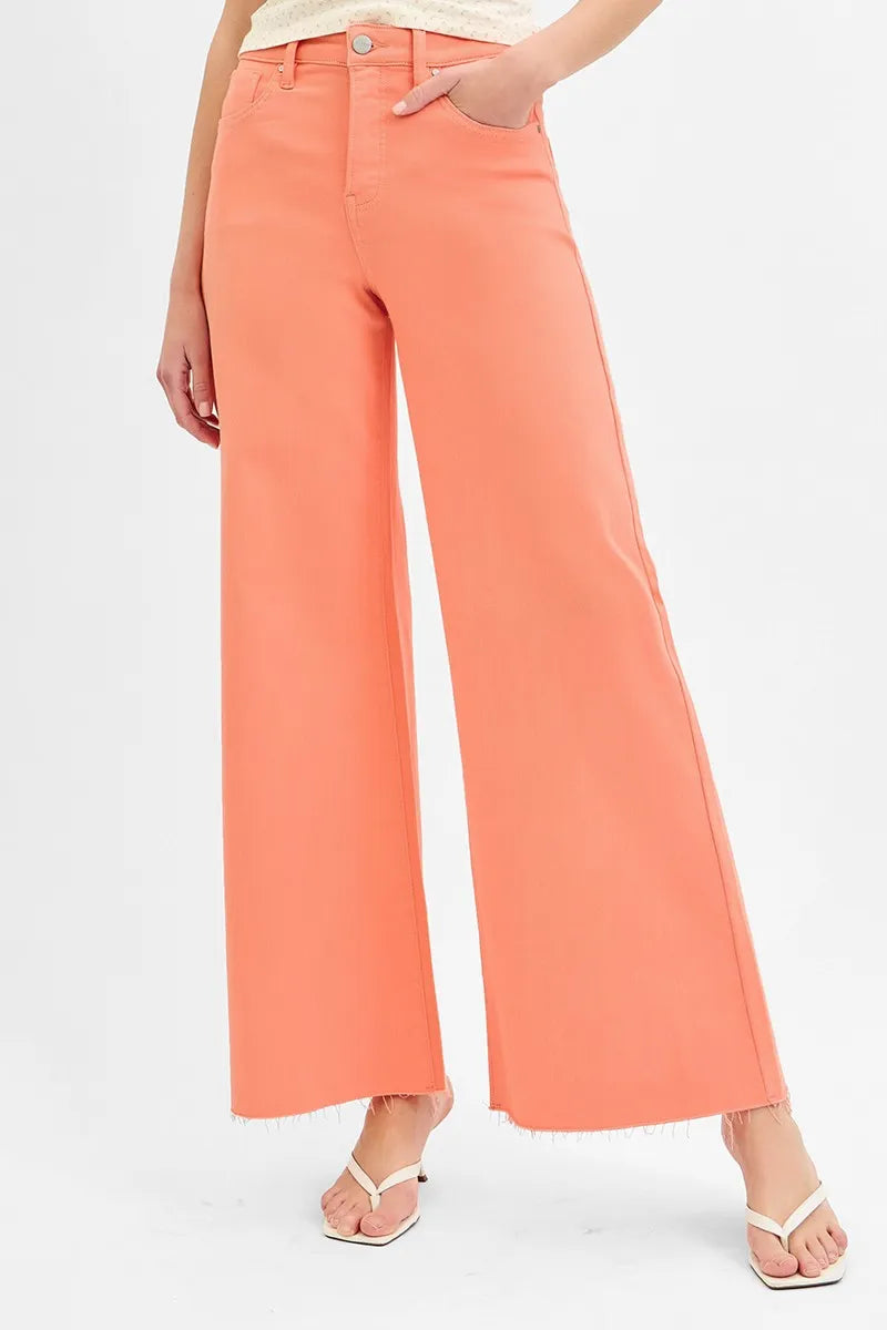 Coral Pink Wide Leg Jeans – High Waist Stretch Denim