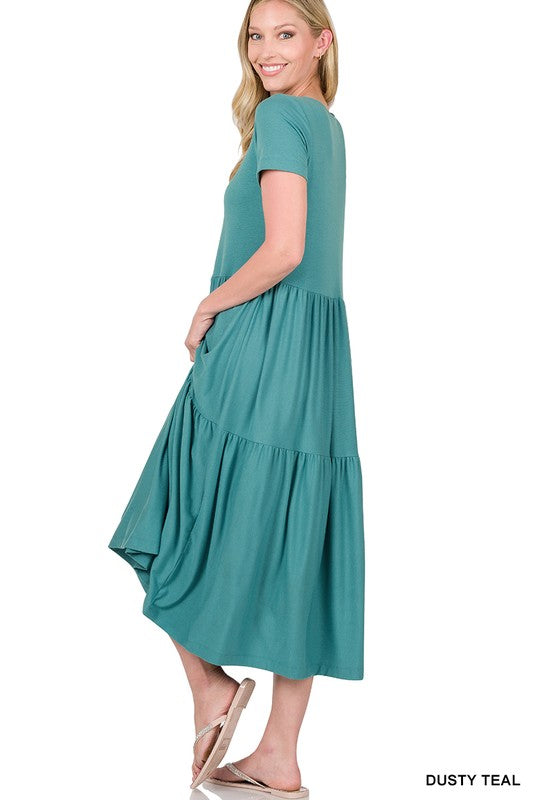 Zenana Short Sleeve Tiered Midi Dress