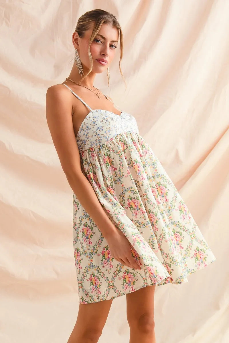 Romantic Floral Cami Dress with Lace Trim & Tiered Ruffle Skirt