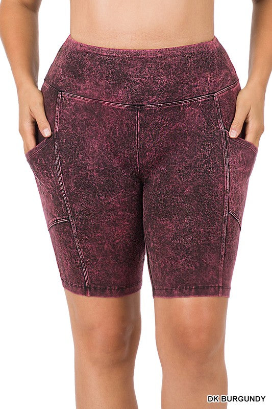 Zenana Mineral Wash Wide Waistband Pocket Legging Shorts