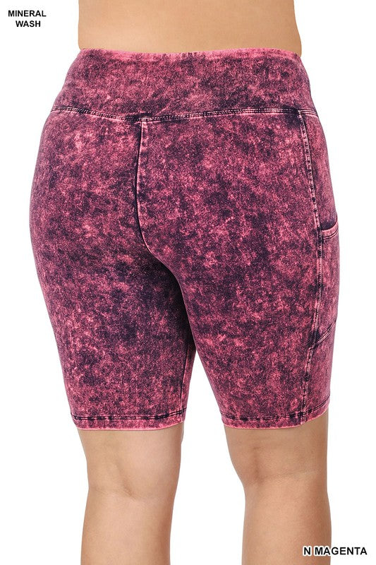 Zenana Mineral Wash Wide Waistband Pocket Legging Shorts