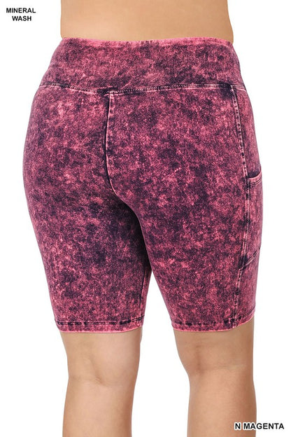 Zenana Mineral Wash Wide Waistband Pocket Legging Shorts