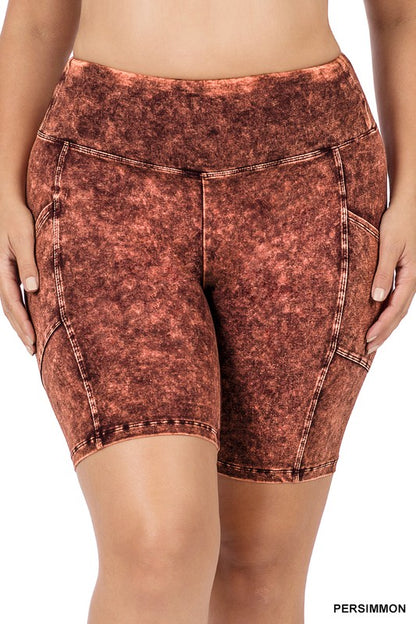 Zenana Mineral Wash Wide Waistband Pocket Legging Shorts