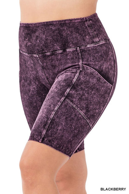 Zenana Mineral Wash Wide Waistband Pocket Legging Shorts