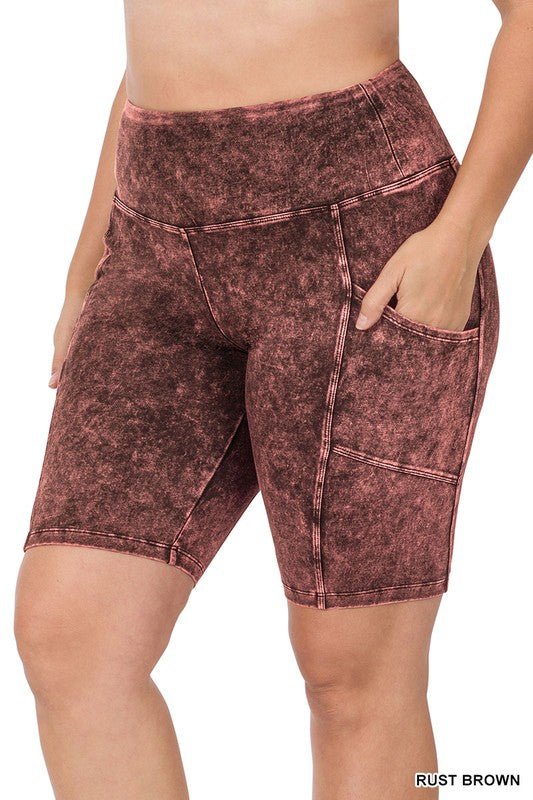 Zenana Mineral Wash Wide Waistband Pocket Legging Shorts