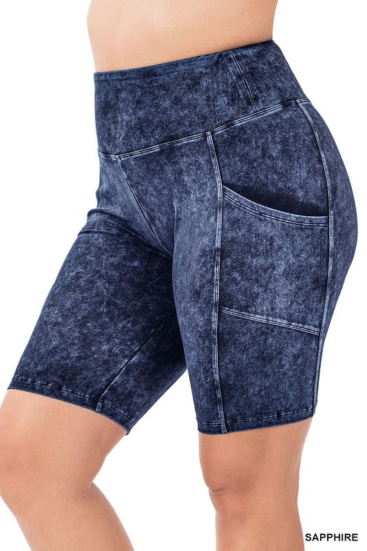 Zenana Mineral Wash Wide Waistband Pocket Legging Shorts