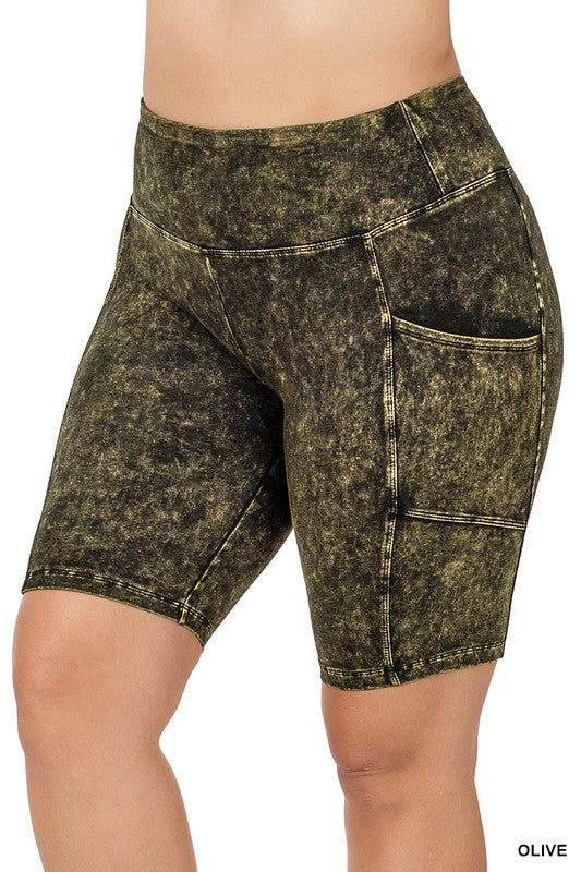 Zenana Mineral Wash Wide Waistband Pocket Legging Shorts