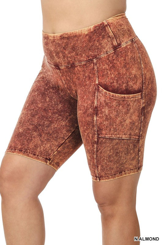 Zenana Mineral Wash Wide Waistband Pocket Legging Shorts