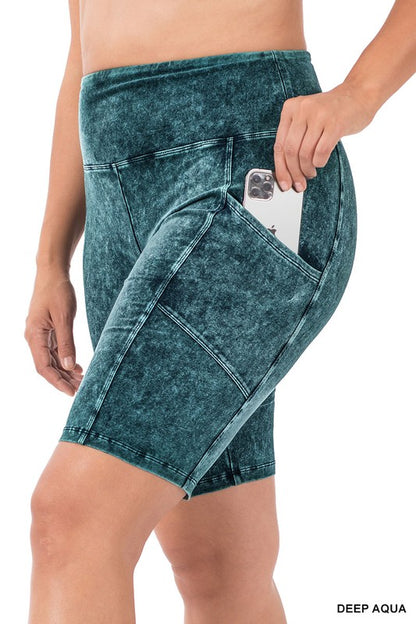 Zenana Mineral Wash Wide Waistband Pocket Legging Shorts
