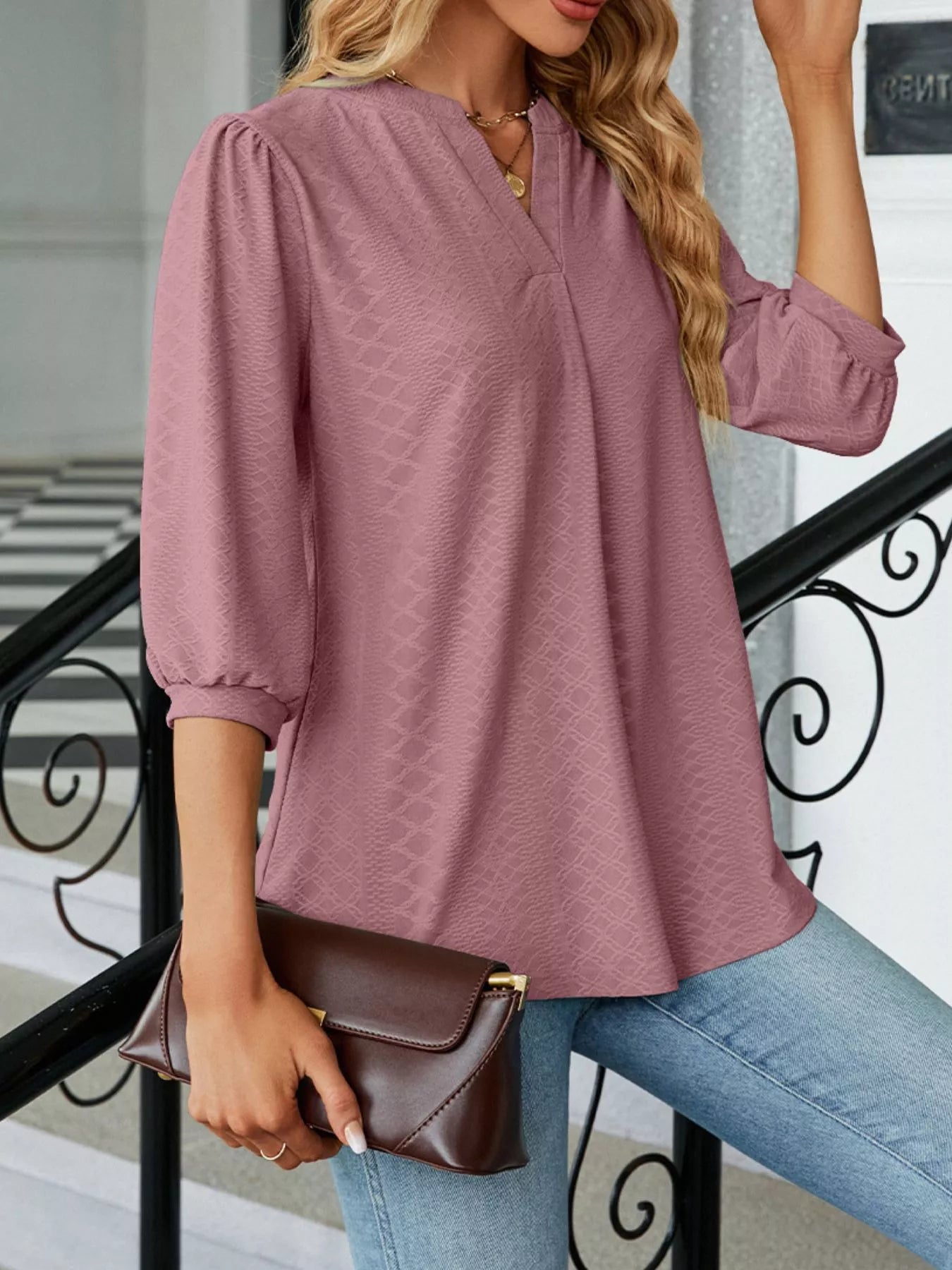 Notched 3/4 Sleeve Casual Top – Effortless Everyday Style