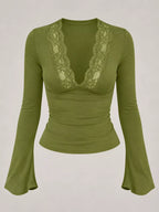 Avocado green lace-trim V-neck long-sleeve tee with lace chest panel detail.
