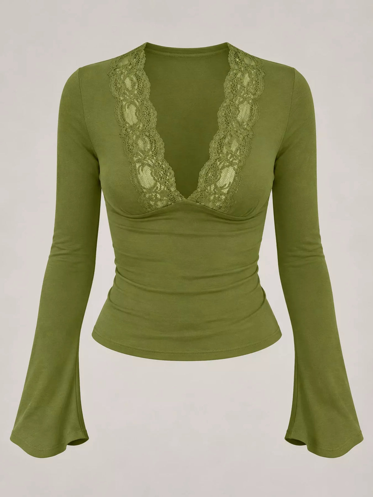 Avocado green lace-trim V-neck long-sleeve tee with lace chest panel detail.