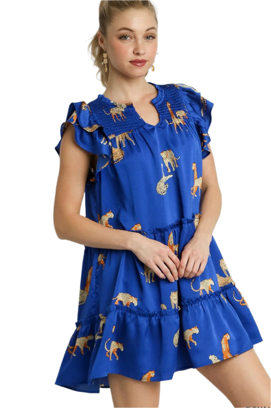 Umgee Cheetah Print Notched Ruffle Layered Cap Sleeve Mini Dress