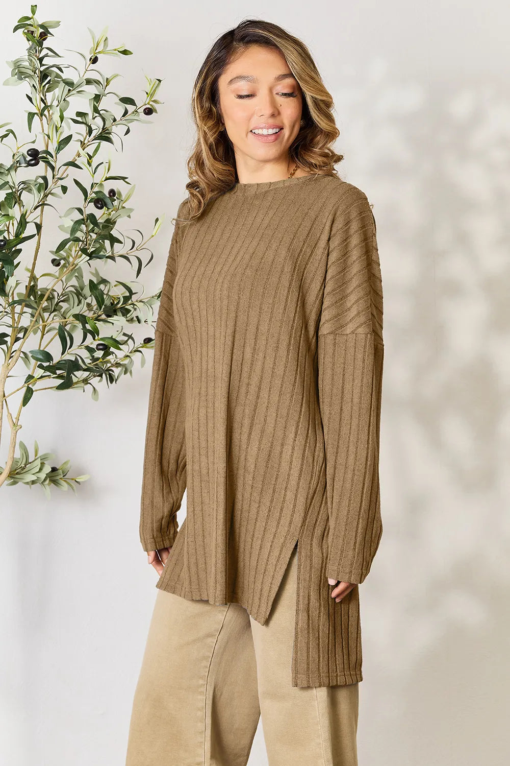 Ribbed Round Neck Slit Top – Chic, Comfy & Flattering