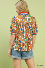 Paisley print blouse with blue-trim short sleeves, back view, multicolor