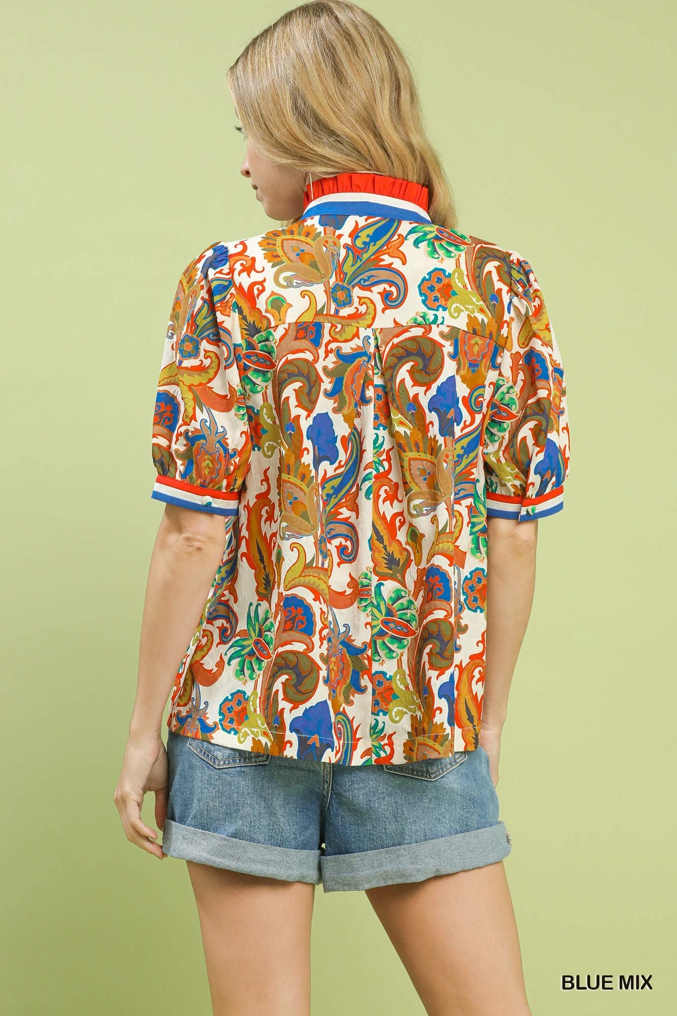 Paisley print blouse with blue-trim short sleeves, back view, multicolor