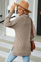 Mock-neck long-sleeve slit tee, heather gray, relaxed fit with curved hem and side slit.