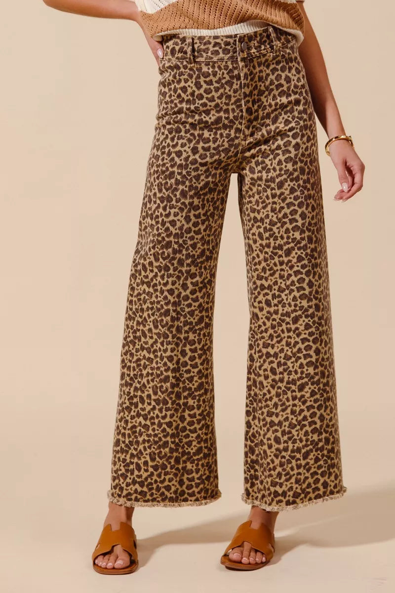 SO ME Leopard Twill Wide Leg Pants – Mid Rise with Frayed Hem Detail