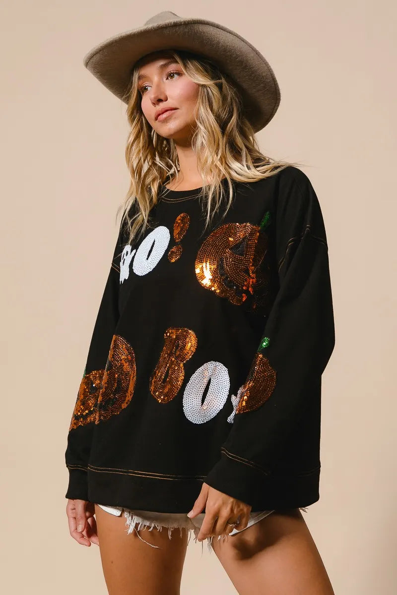 Halloween Sequin Pumpkin & Ghost Sweatshirt – Oversized Black Pullover