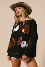 Halloween Sequin Pumpkin & Ghost Sweatshirt – Oversized Black Pullover
