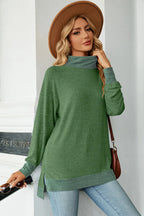 Green mock neck long sleeve tee with slit hem and contrast hem band
