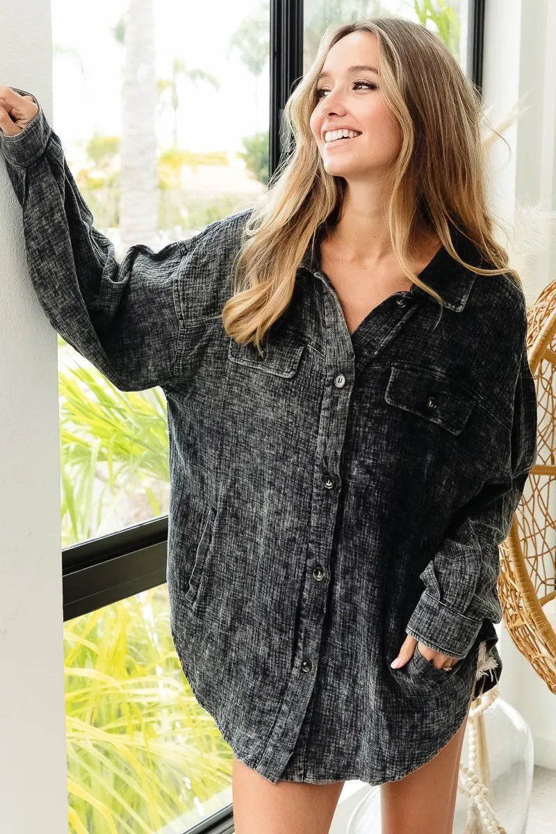 Oversized Distressed Denim Jacket – Vintage Wash & Raw Hem Style