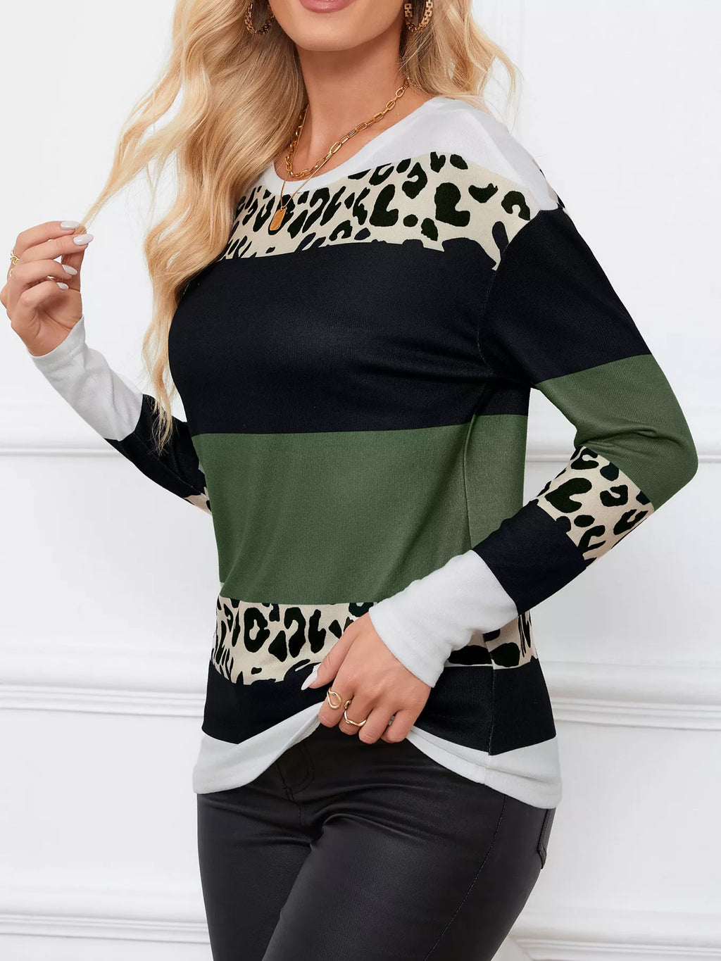 Leopard Color Block Striped Knit Top – Trendy Casual Style